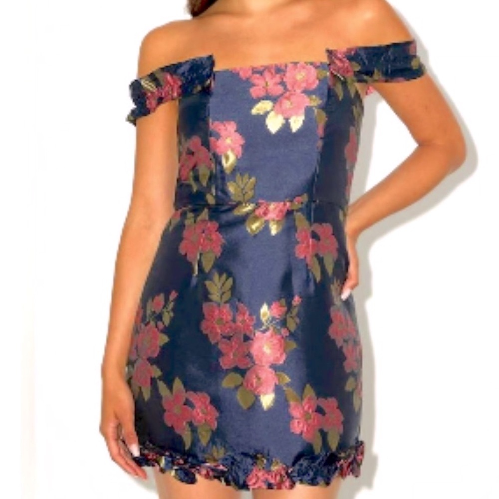 Lulu's Navy and Pink Off the Shoulder Floral Dress Ruffled NWT - Picture 2 of 14